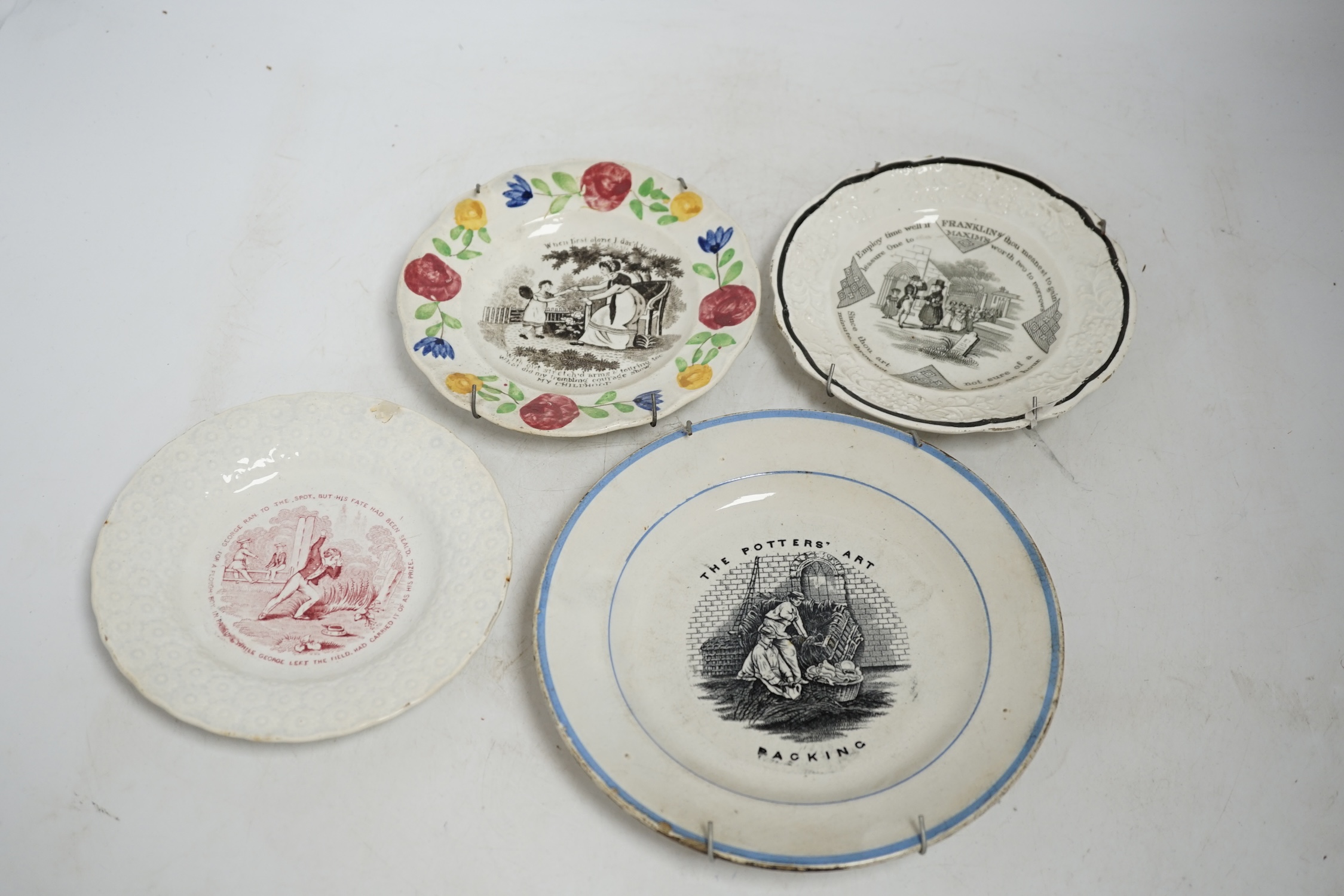 Eight small early 19th century Staffordshire nursery plates, largest 19.5cm. Condition - poor to fair